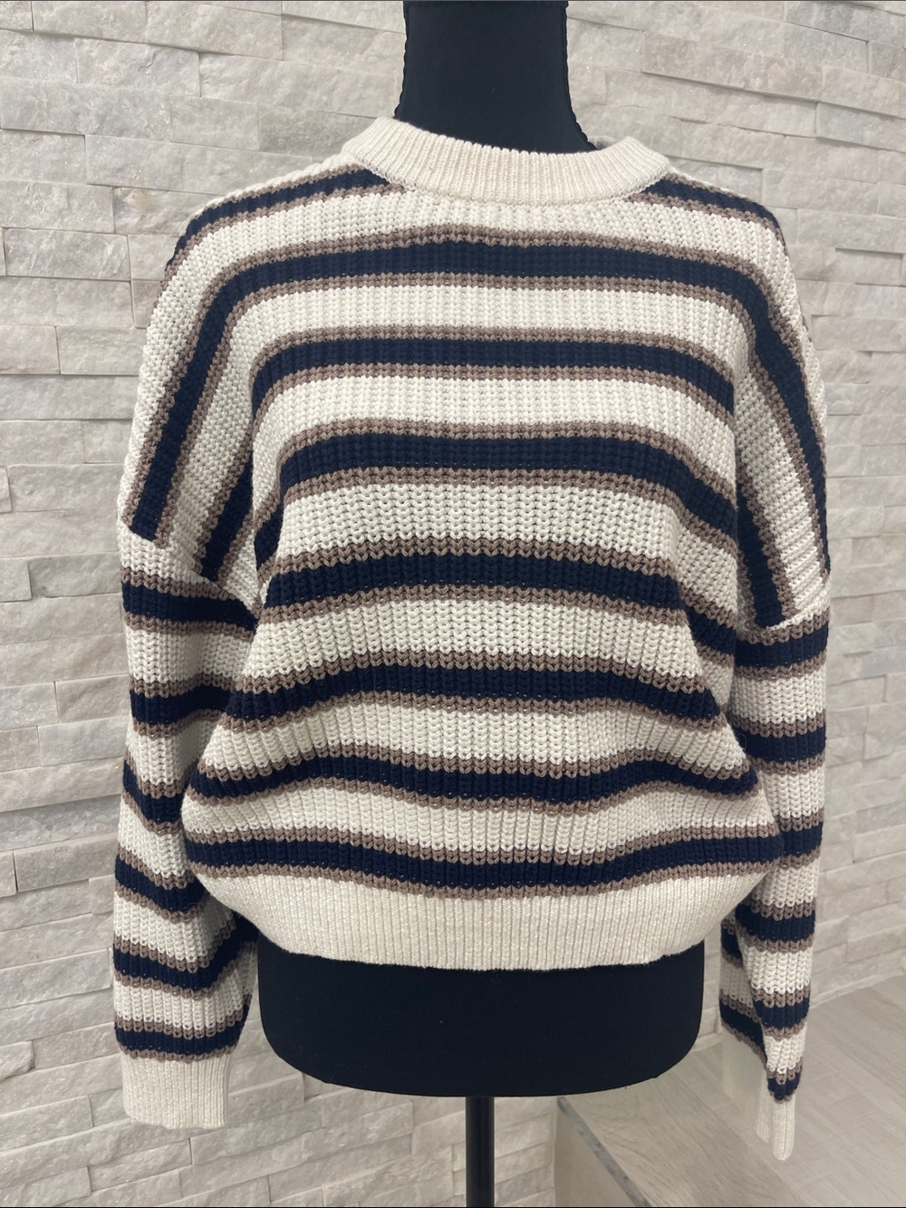 One Grey Day Cream Striped Crewneck Sweater with Navy and Brown Stripes